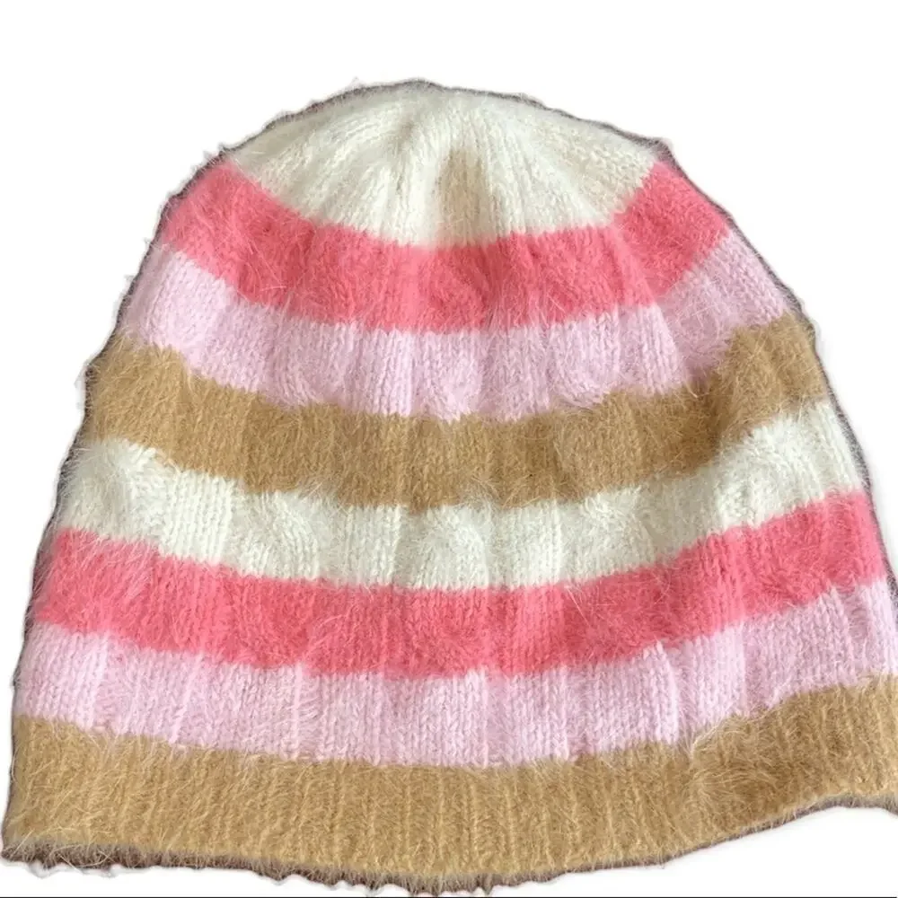 Angora Wool Blend Women’s Striped Beanie Hat O/S